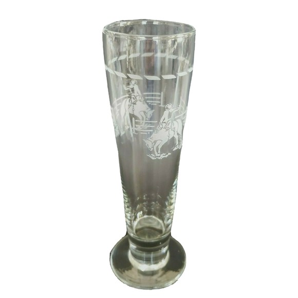 Vtg Rodeo Cowboy Bucking Bronco Tall Etched Pilsner Footed Beer Glass Western - Picture 2 of 9
